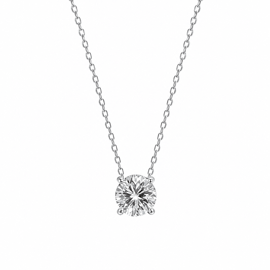 Silver four-prong moissanite pendant necklace on white background