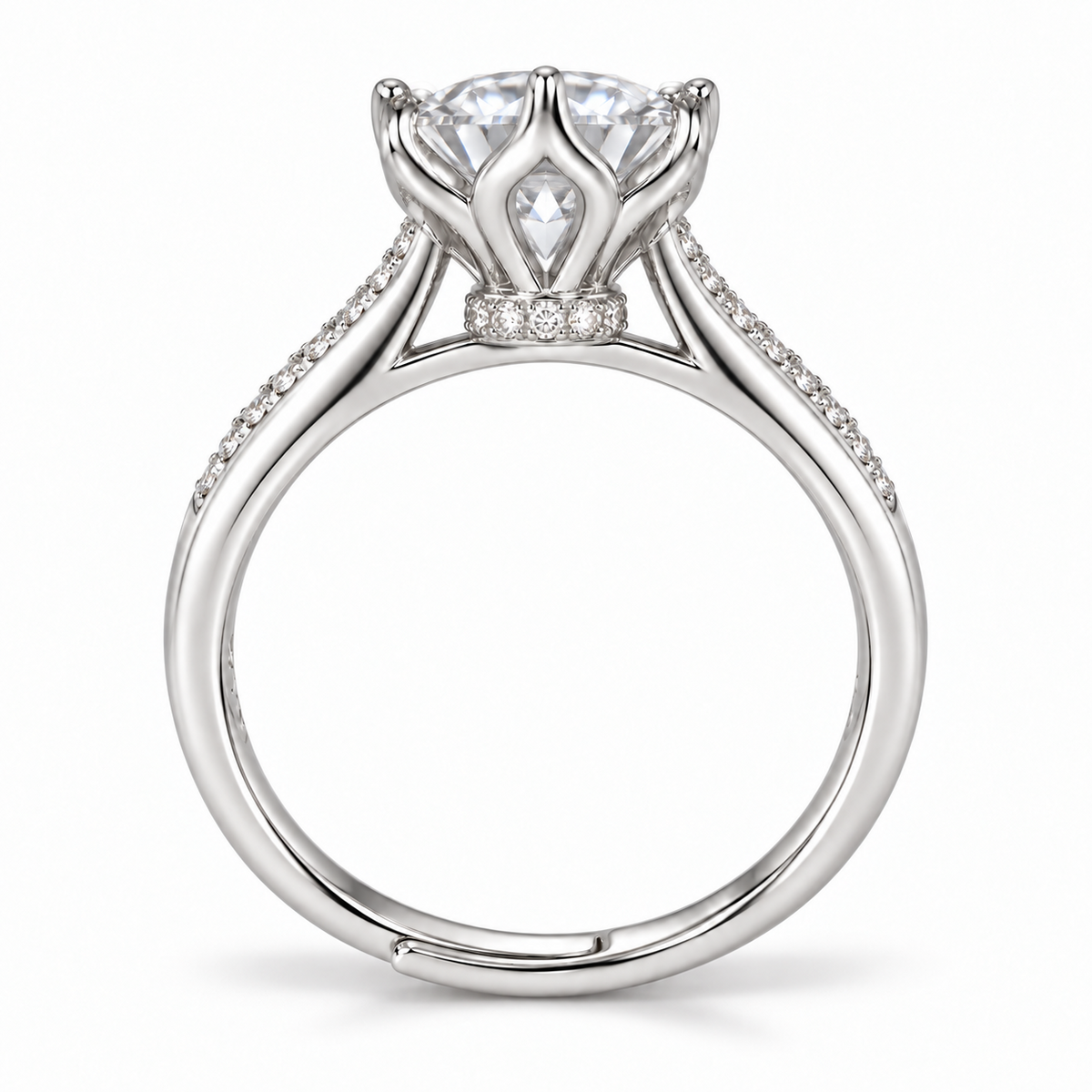 Side view of the tulip basket, low pavé collar and adjustable sterling silver band.