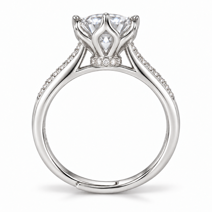 Side view of the tulip basket, low pavé collar and adjustable sterling silver band.