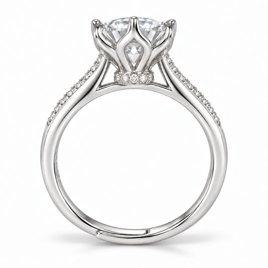 Side view of the tulip basket, low pavé collar and adjustable sterling silver band.