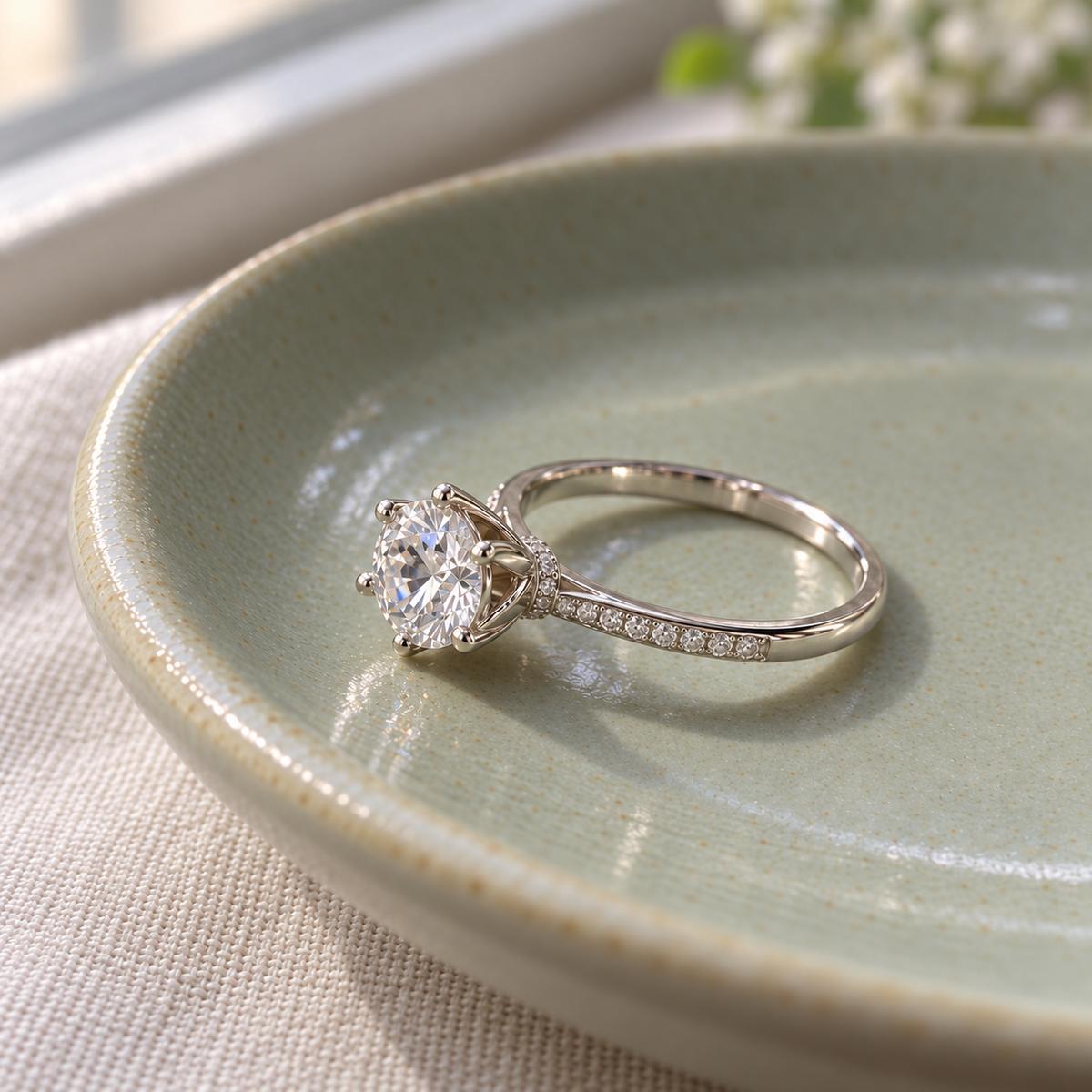 Tulip-set moissanite silver ring resting on a pale ceramic dish in natural light.