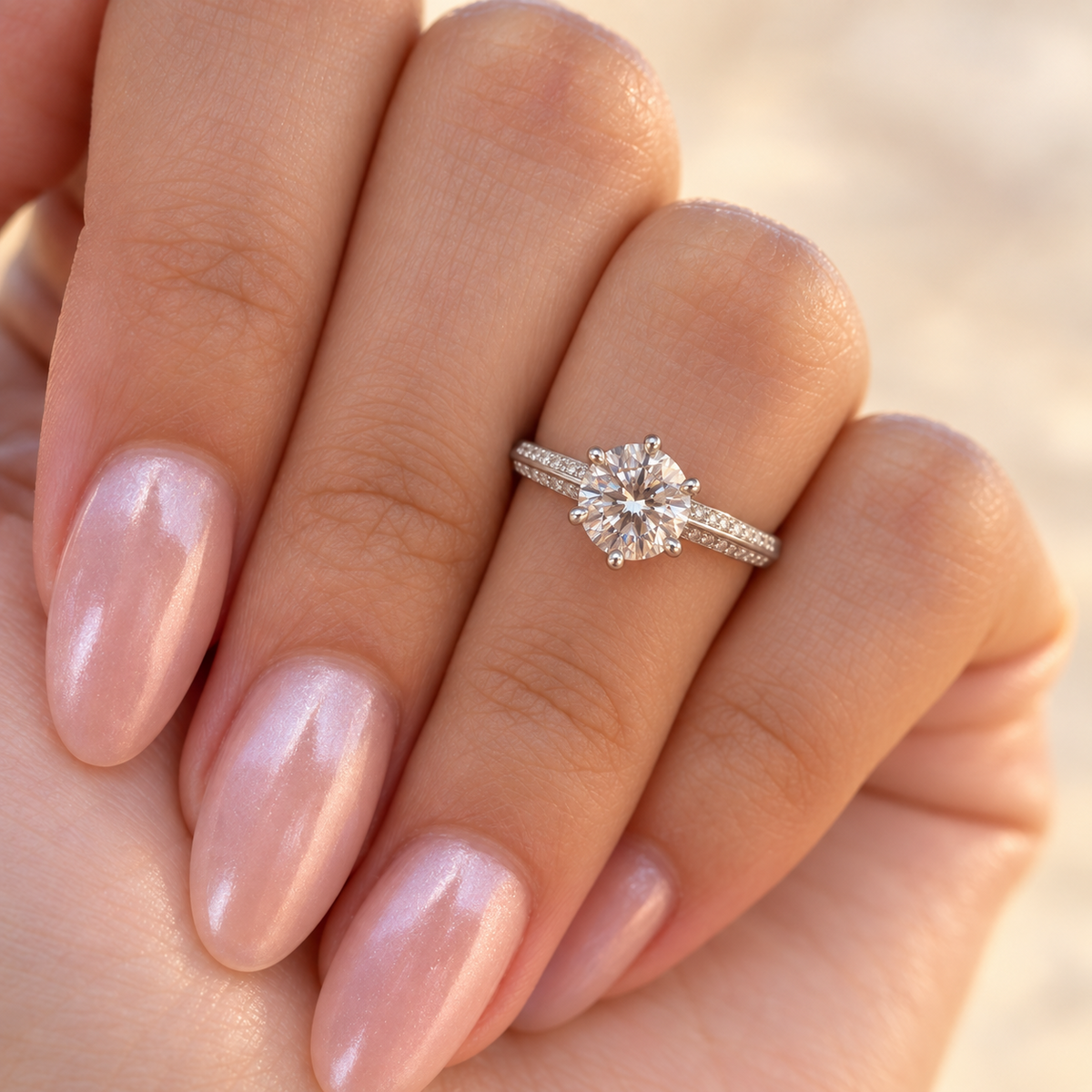 NEARHELD sterling silver moissanite ring worn on a curled hand in warm light