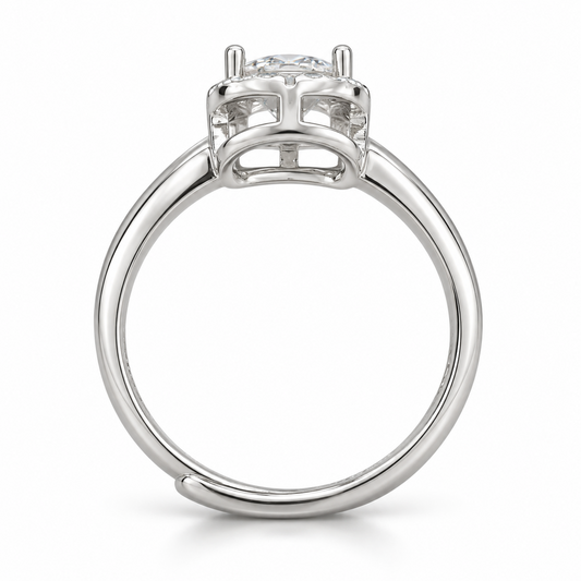 Side view showing the curved open basket and overlapping adjustable band of the silver halo ring.