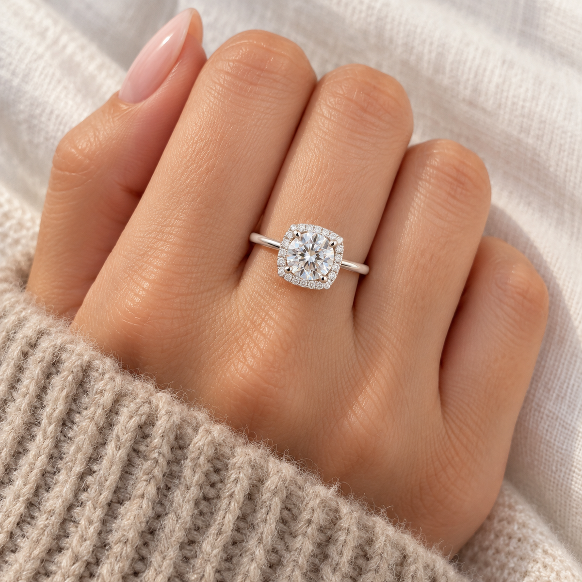 Close-up of the cushion halo ring with a smooth sterling silver band.