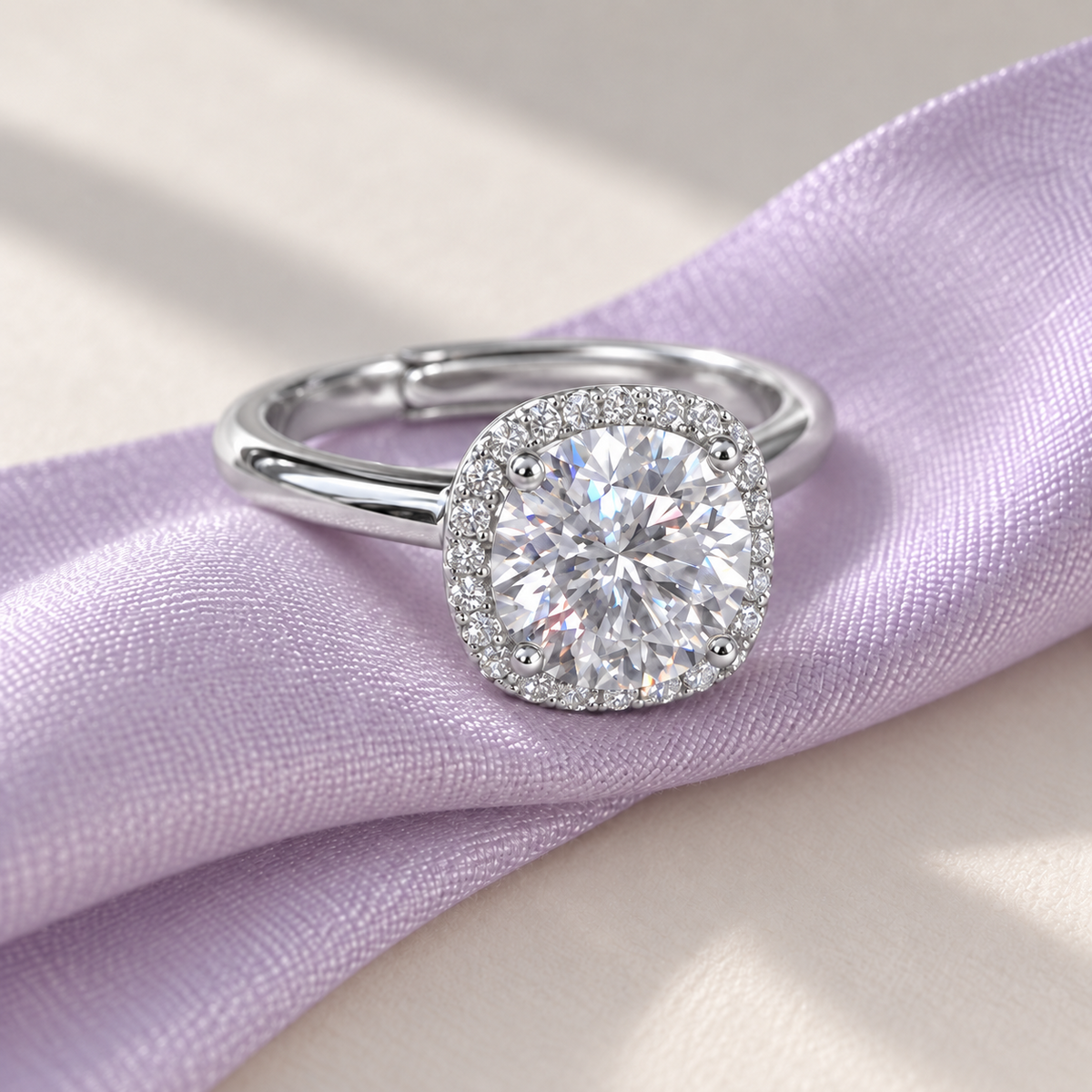 Round moissanite cushion halo ring resting on a pale lilac ribbon.