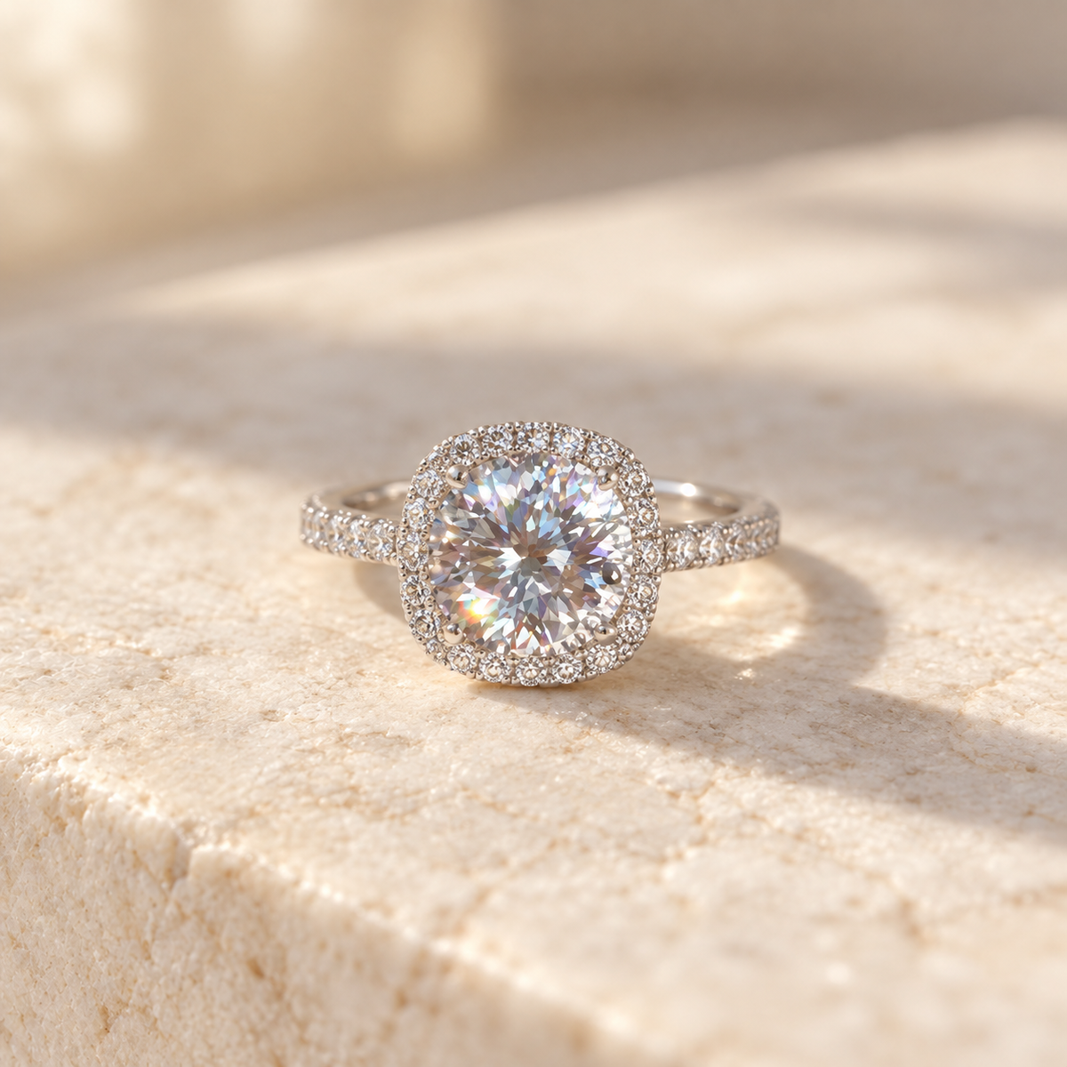 Round Moissanite Cushion Halo Pavé Ring