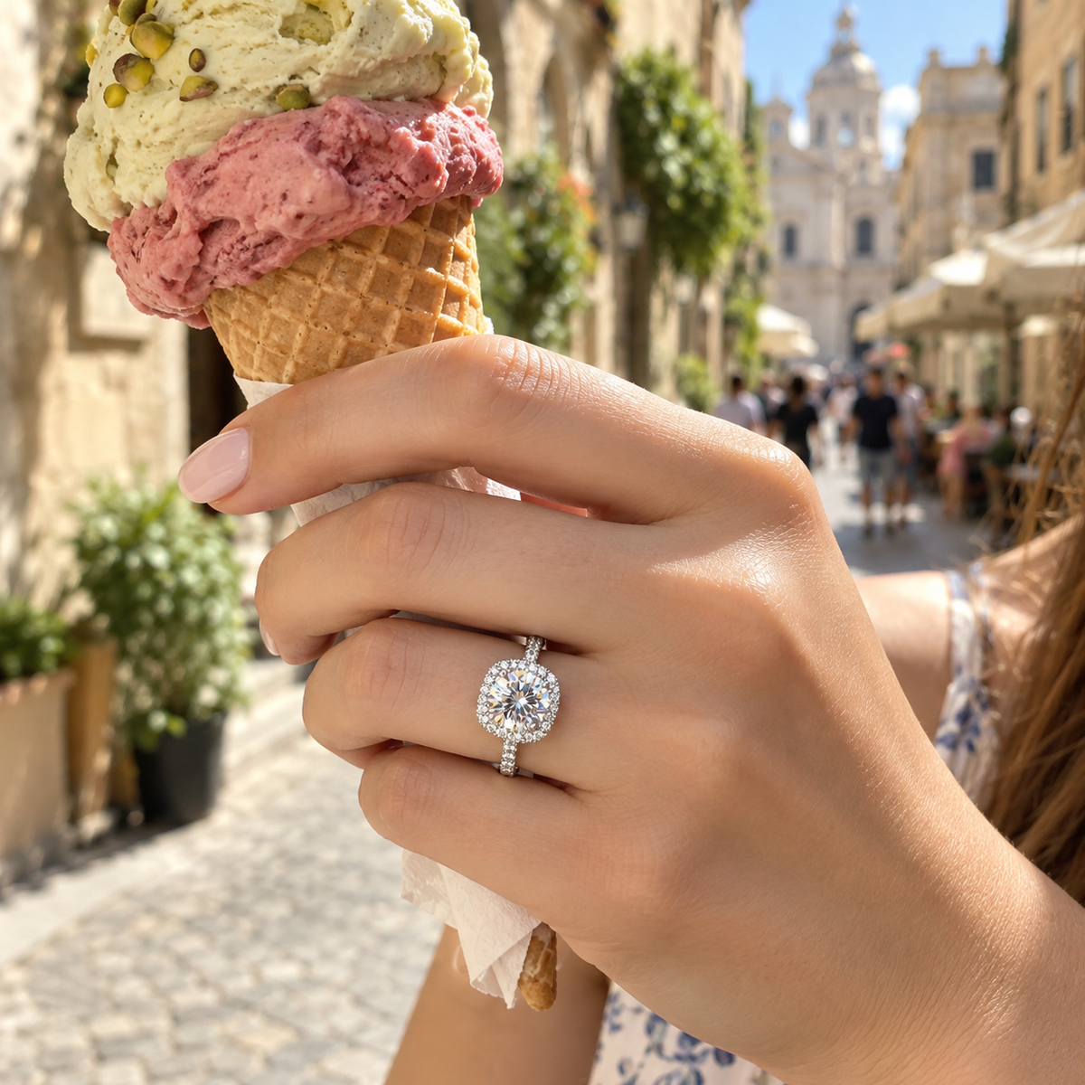 Round Moissanite Cushion Halo Pavé Ring